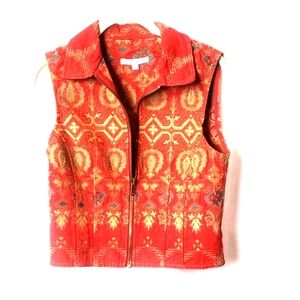 Sz s Cabi zip-up red and gold tapestry vest.  A40